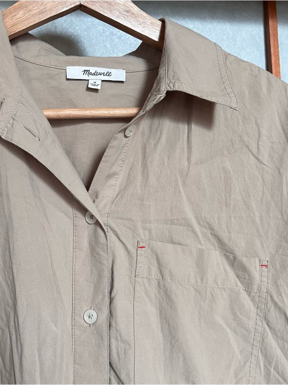Madewell Poplin Oversized Boxy Button Up Short Sleeve Tan Top - Picture 4 of 7